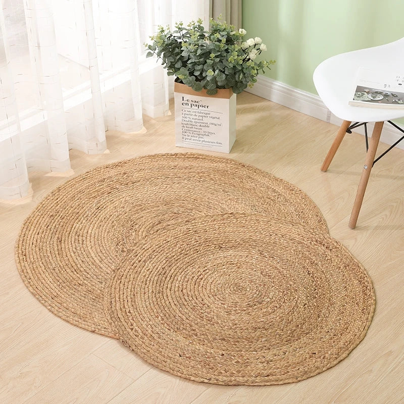 Hand-woven Rattan Carpets Round Straw Natural Plants Fiber Rugs Hotel Garden Living Room Coffee Table Cattail Carpet Mats