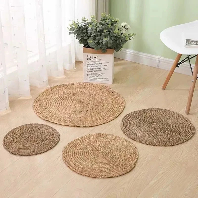 Hand-woven Rattan Carpets Round Straw Natural Plants Fiber Rugs Hotel Garden Living Room Coffee Table Cattail Carpet Mats