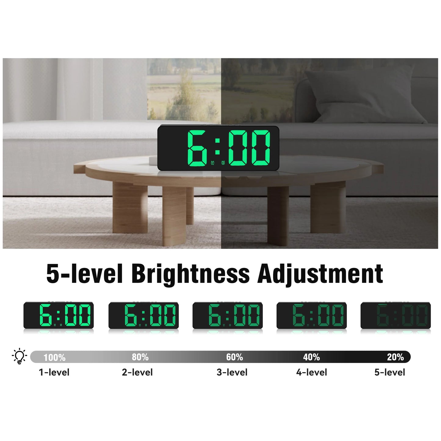 Digital Alarm Clock, [Upgraded Version] LED Clock for Bedroom, Electronic Desktop Clock with Temperature Display, 5 Level Bright