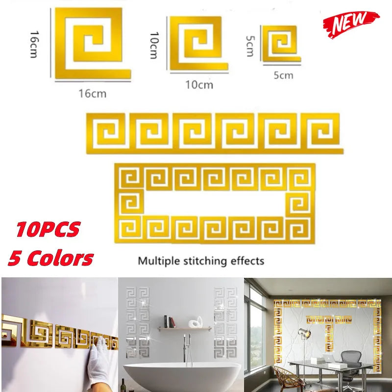 10pcs Acrylic Wall Mirror Sticker with Adhesive DIY for Living Room Bedroom Edge Strip Corner Line Building Border Home Decor