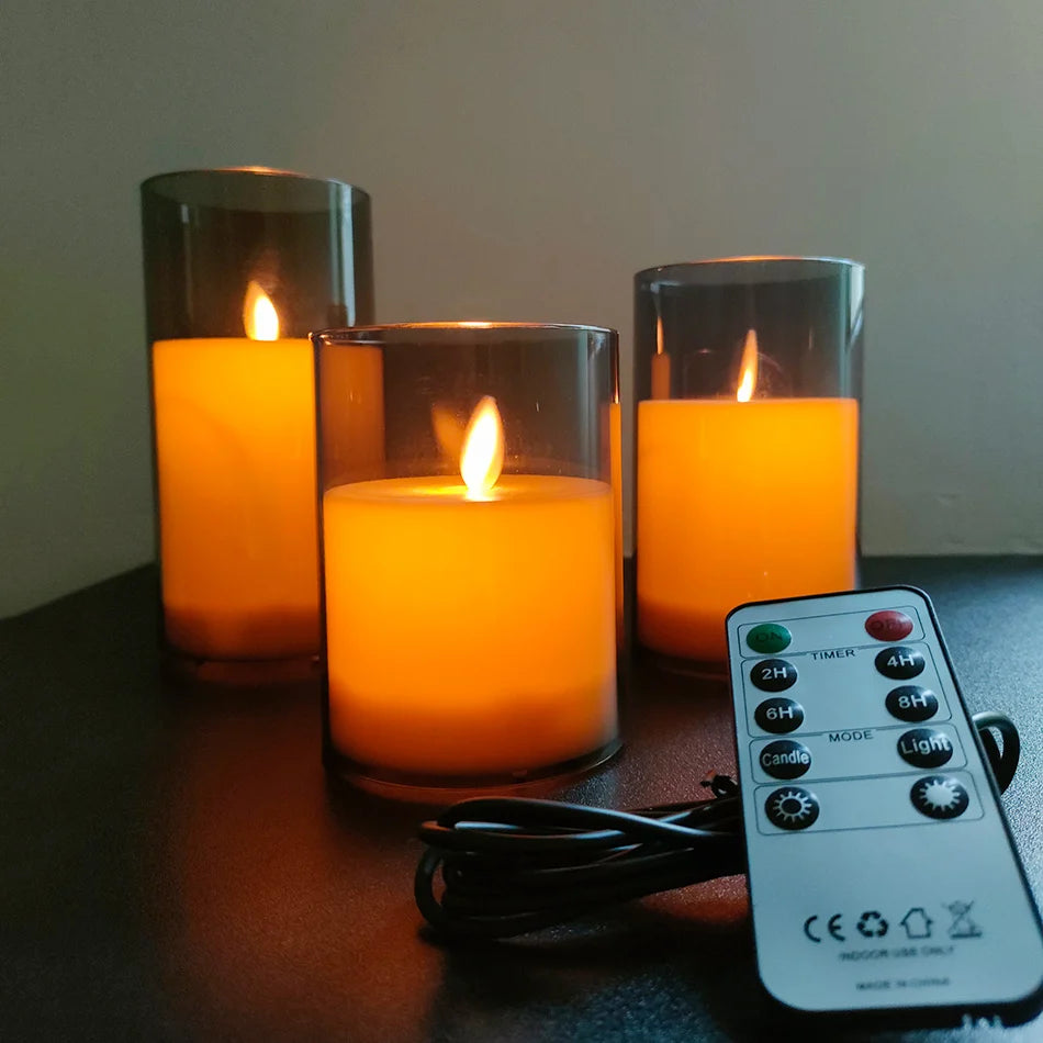 USB Rechargeable LED Candle Light 3pcs/set,Moving Wick Remote controlled,Christmas Candles,New Year Party Light,Home Decor.